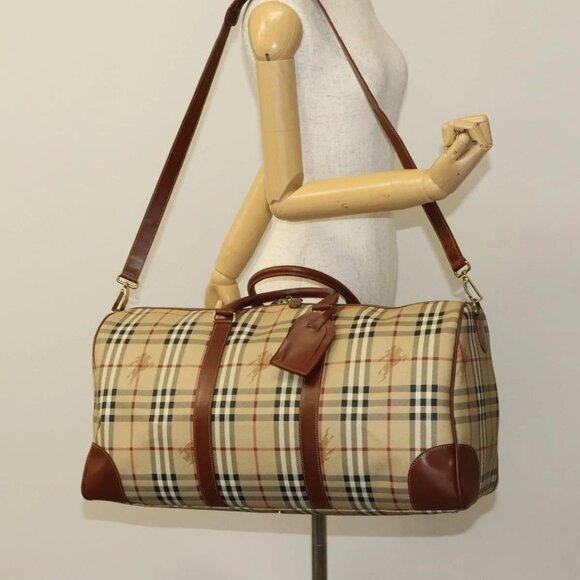 BURBERRY Nova Check Boston Bag PVC Beige Gold Auth 119095 - Picture 14 of 16